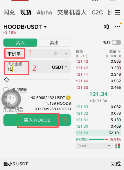 HOODB现货交易市价单下单界面