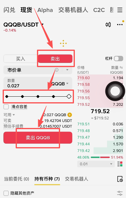 币安QQQB现货卖出操作界面
