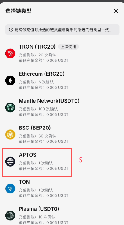 Bybit充值页面选择币种和链界面