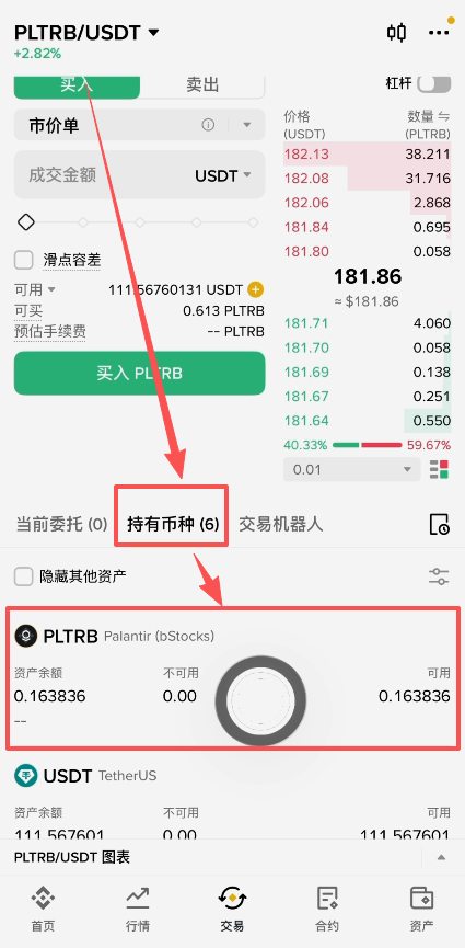 币安持有币种显示PLTRB持仓界面