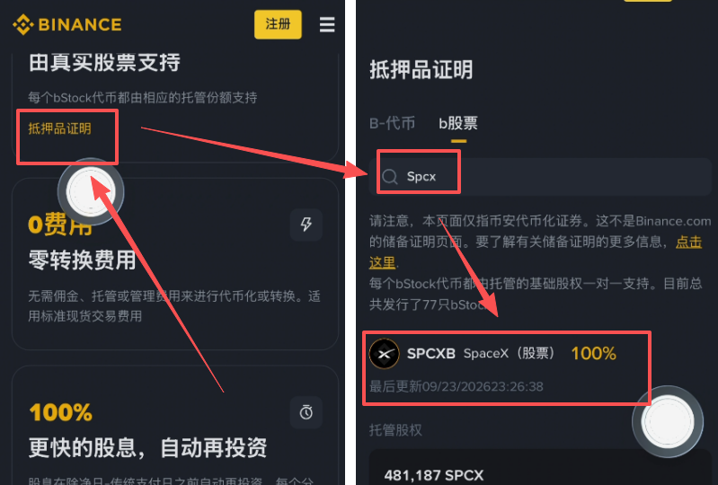 Bstocks抵押品证明页面SPCX搜索结果