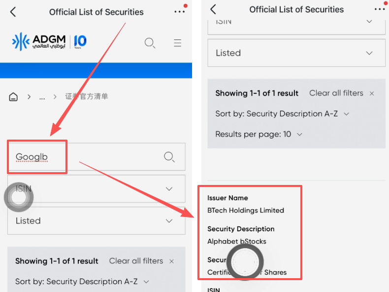 币安bstocks监管页面搜索GOOGLB的结果