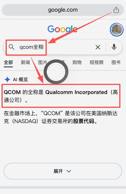 浏览器搜索高通股票全称页面