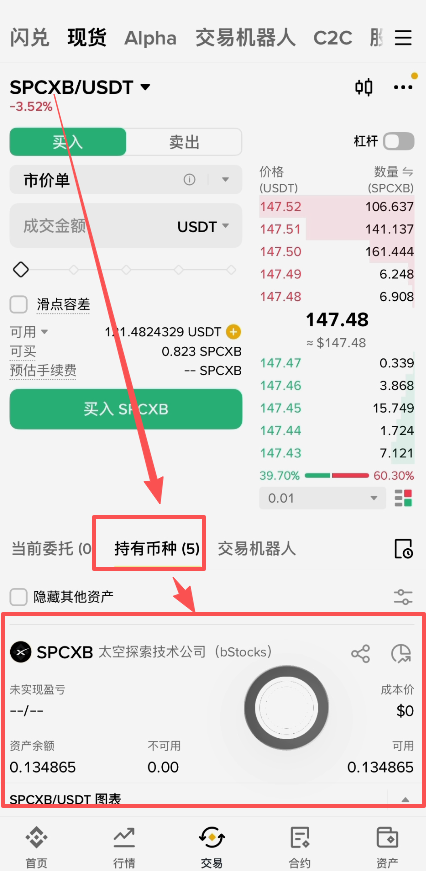 币安持有币种页面显示SPCXB余额