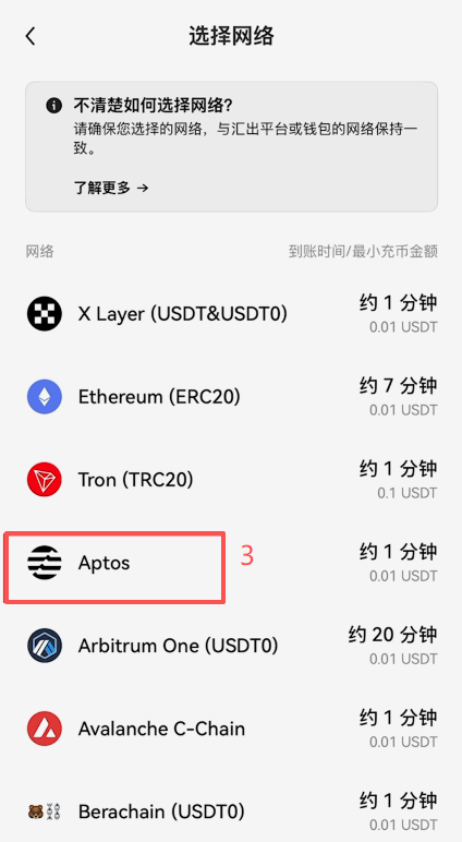 欧易点击「链上充币」后选择USDT界面