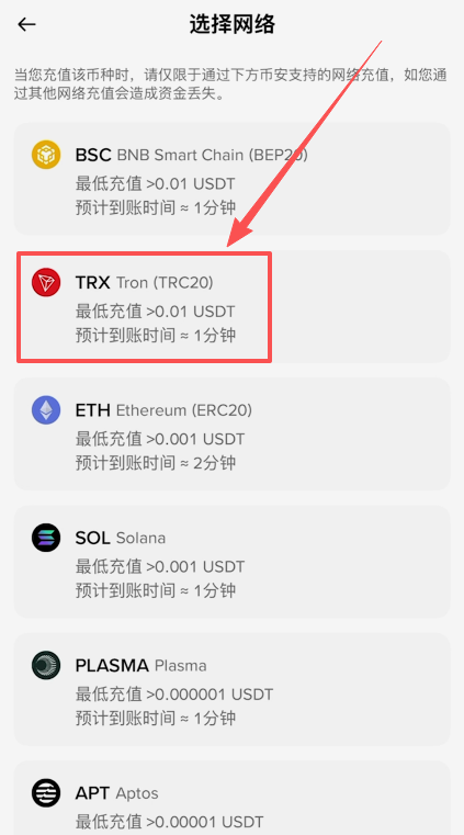 币安充值网络选择列表界面