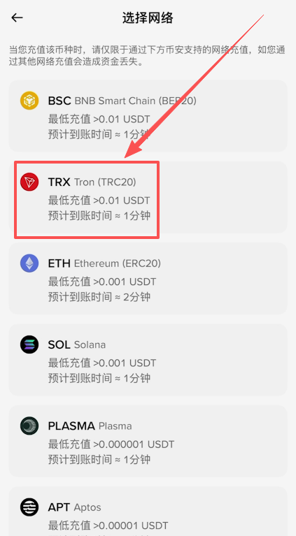 USDT网络选择界面(TRC20等选项)