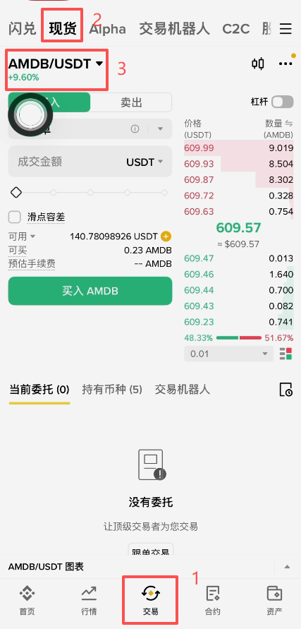 币安现货市场搜索METAB买入界面