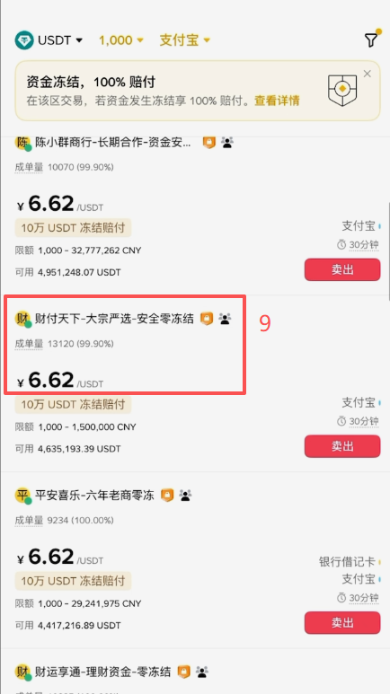 币安严选区卖出USDT商家列表界面