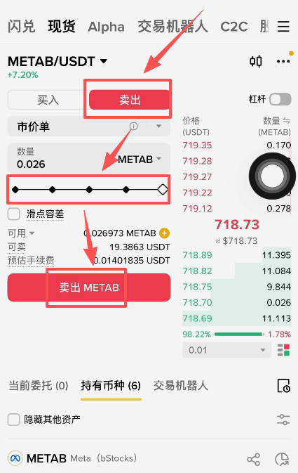 币安METAB卖出页面全部卖出操作界面