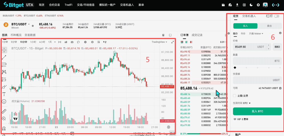 Bitget现货BTC/USDT交易界面