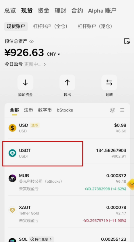 资产页面USDT显示余额界面