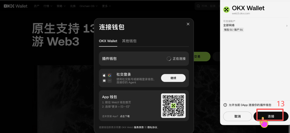 OKX Web3钱包连接成功后资产总览界面