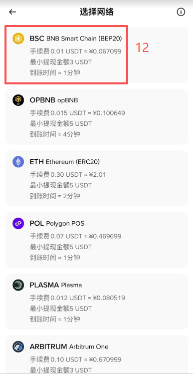 Bitget充值选择USDT和BEP20网络页面