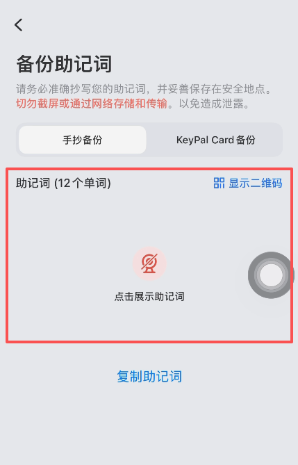 TP钱包显示12个助记词的页面