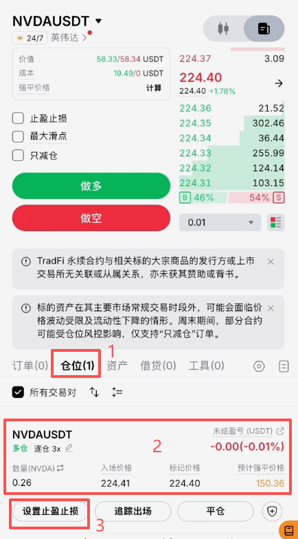 查看持仓和设置止盈止损页面