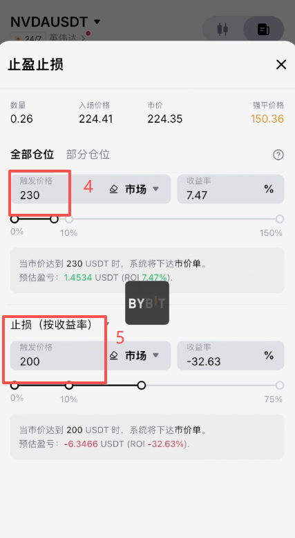 查看持仓和设置止盈止损页面