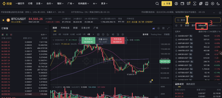 币安现货交易页面BStocks入口