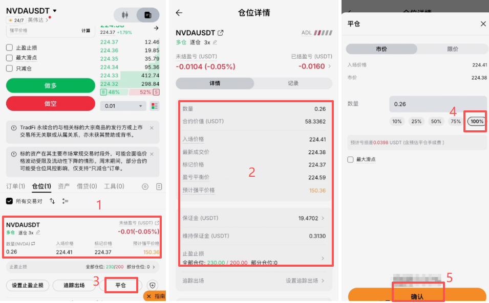 查看持仓详情和平仓操作页面
