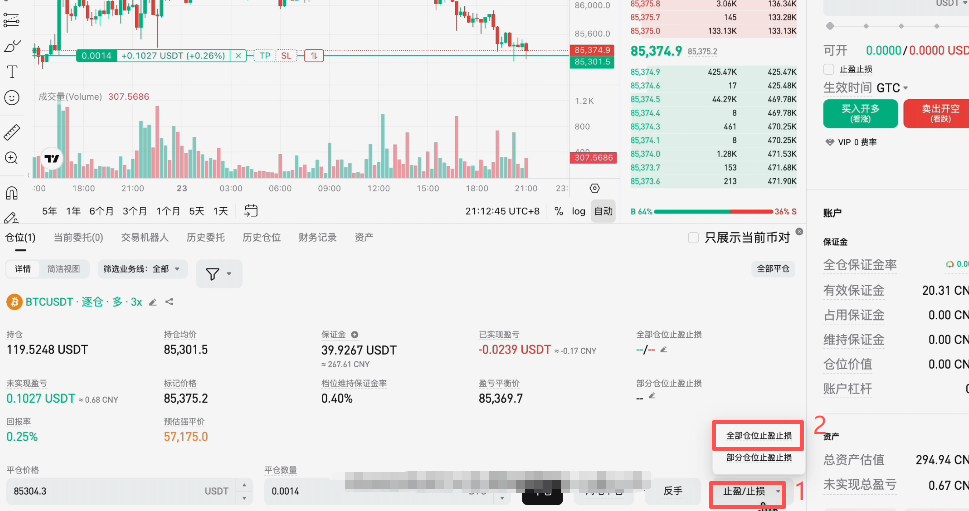 全部止损操作页面