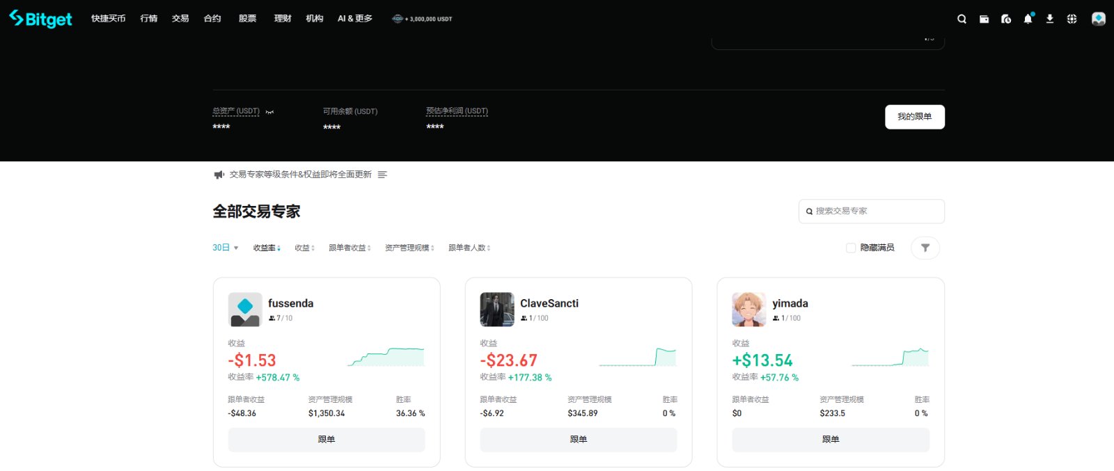 Bitget跟单交易者列表与绩效数据页面