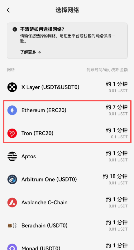 交易所提币时TRC20与ERC20网络选择界面