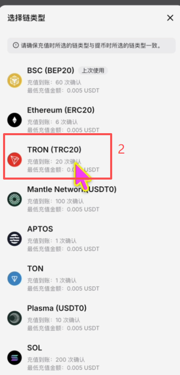 Bybit充值页面选择TRC20网络并显示地址