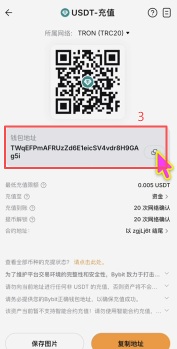 Bybit充值页面选择TRC20网络并显示地址