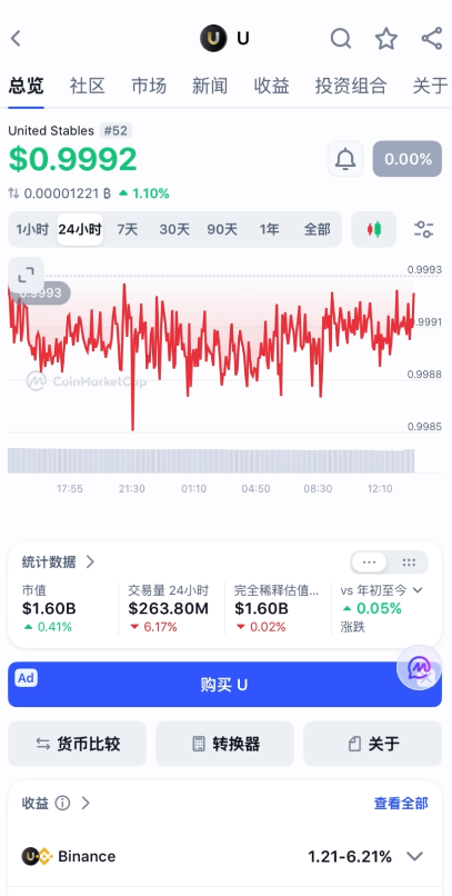 币安理财页面显示单字母U选项界面