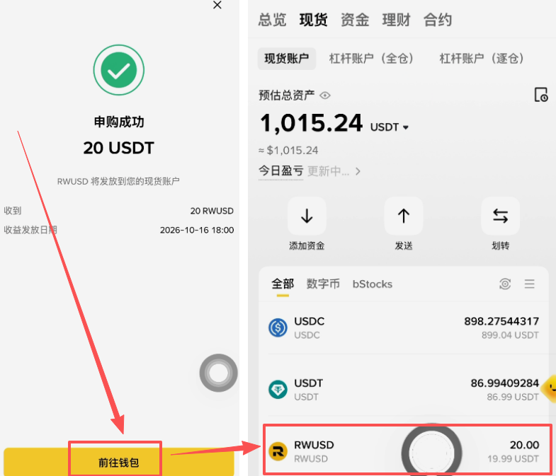 币安现货账户中显示RWUSD持仓界面