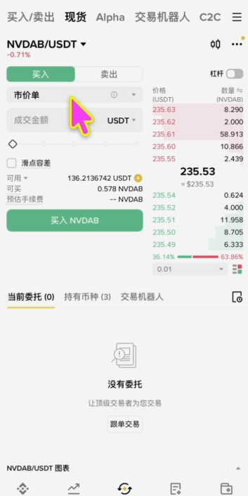 NVDAb现货交易界面显示买卖盘口及深度图