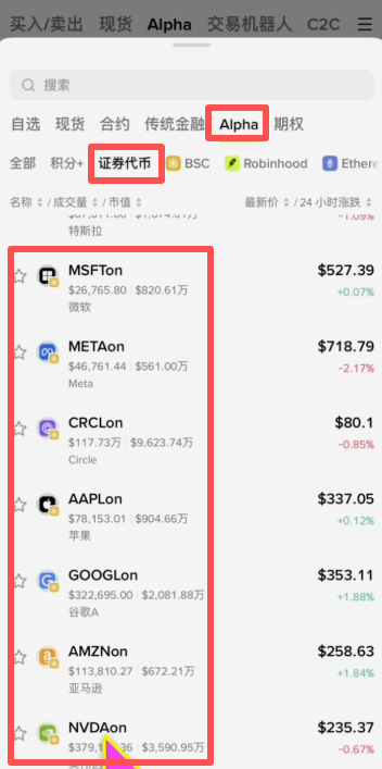 币安Alpha证券代币页面显示NVDAon页面