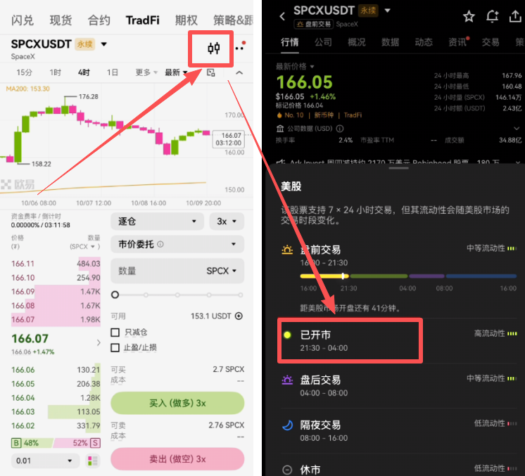 蜡烛图标查看交易时段页面