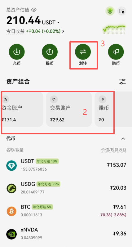 OKX资产账户划转操作页面