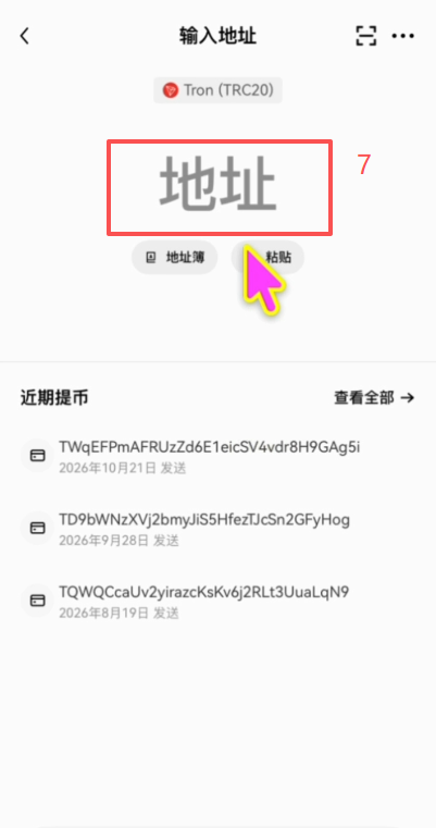 欧易提币填写收款地址和选择网络界面