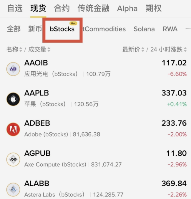 币安App底部「交易」菜单展开后显示股票、bstocks、Alpha三个入口