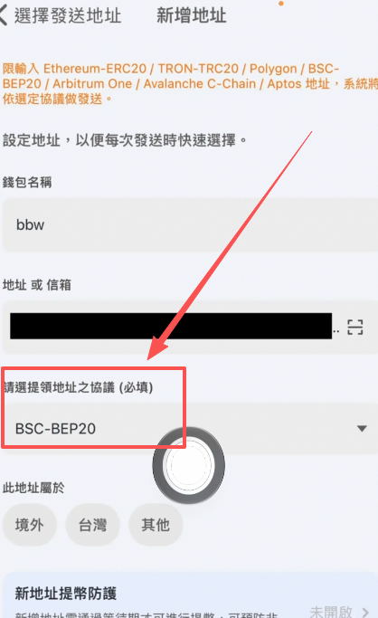 MAX發送頁面選擇BEP20網路畫面